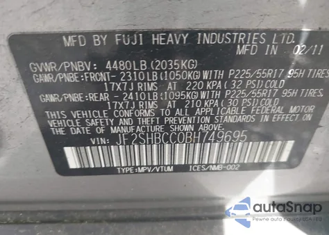 2011 Subaru Forester 2.5X Premium z USA, uszkodzony, nr VIN JF2SHBCC0BH749695